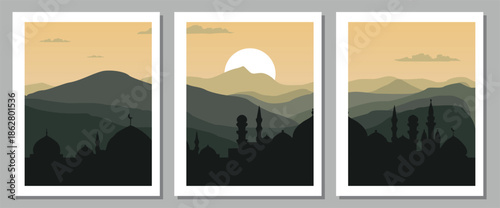 Silhouette of mosque against serene mountain landscape at sunset