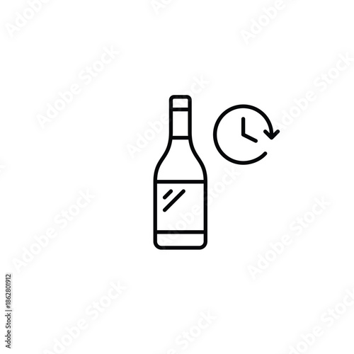 Wine bottle and clock. Drinking alcohol, time restricted selling hours. Pixel perfect, editable stroke vector icon