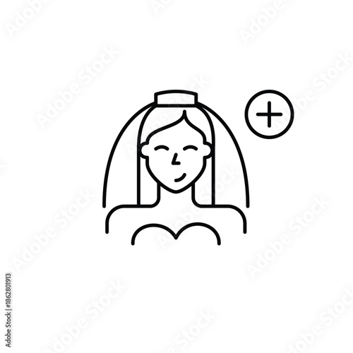 Happy bride in veil and plus. Wedding update, ceremony plan. Pixel perfect, editable stroke vector icon