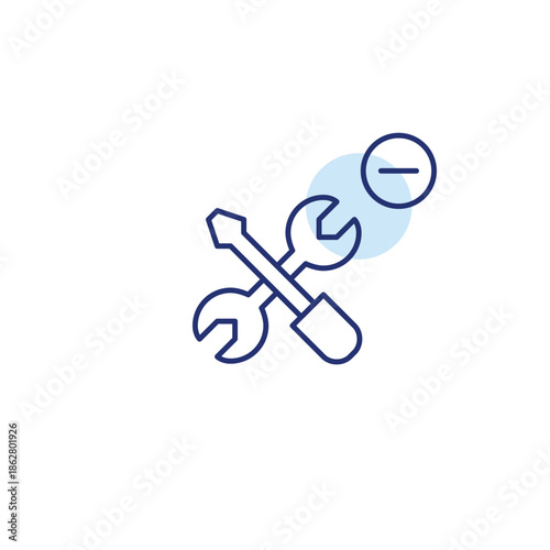Wrench and screwdriver. Tools and minus symbol. Settings update cancelled. Pixel perfect, editable stroke vector icon
