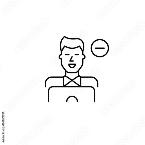 Man working at laptop and minus symbol. Session end, user offline, account pause. Pixel perfect, editable stroke vector icon