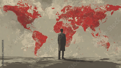 Man Standing in Front of Red World Map Conceptual Illustration