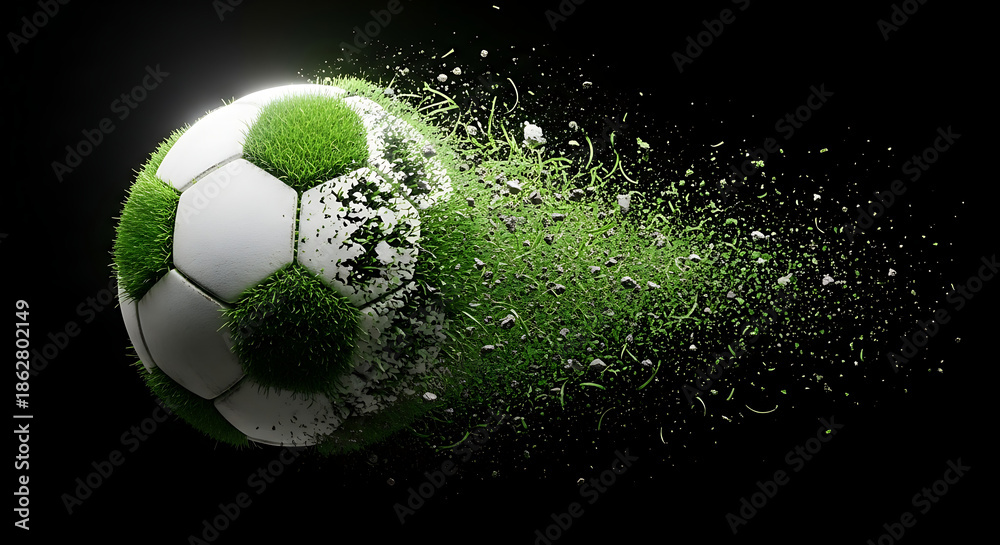 Fototapeta premium Dynamic soccer ball, partly green grass, bursting into energetic particles, symbolizing speed and power in sports action against a dark backdrop
