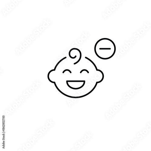 Smiling baby boy and minus symbol. Care reduced, parenting unavailable. Pixel perfect, editable stroke vector icon