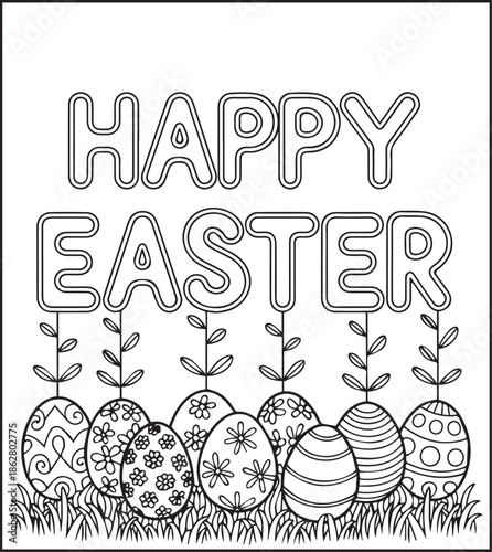 Easter egg with beautiful ornamental decorated black line art vector illustration, Happy easter day coloring page for kids and adults