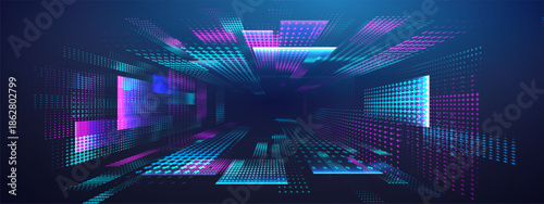 Quantum tunnel with LED wireframe and wormhole for cyber background. Speed art and vector for concept design. Digital grid and tech for virtual event art.