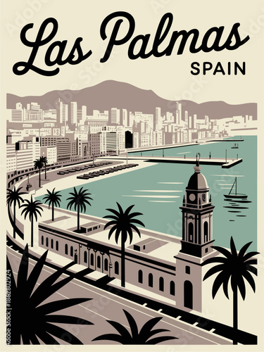 A vintage linocut-style travel poster of Las Palmas, Gran Canaria, featuring the city skyline and harbor in muted blue and cream with elegant cursive text.