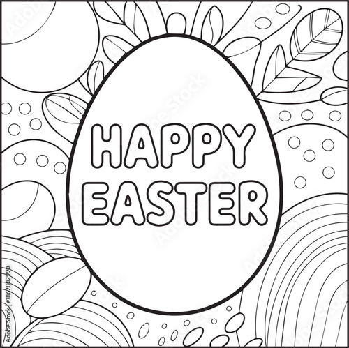 Easter egg with beautiful ornamental decorated black line art vector illustration, Happy easter day coloring page for kids and adults