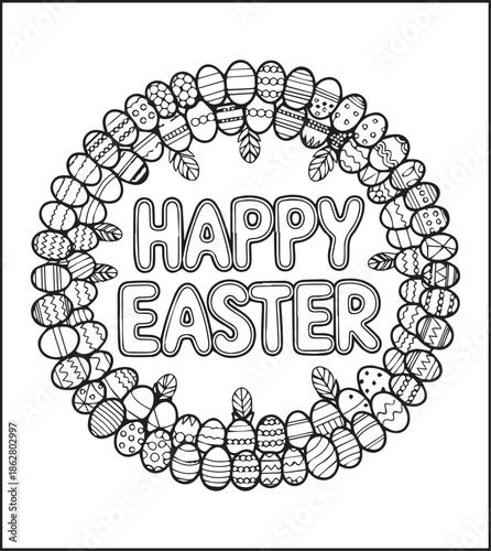 Easter egg with beautiful ornamental decorated black line art vector illustration, Happy easter day coloring page for kids and adults