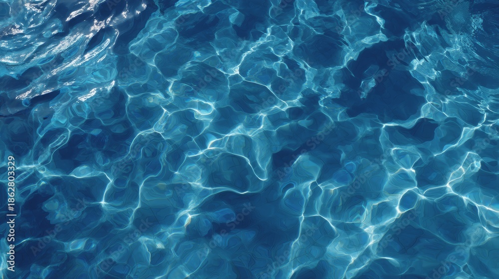 Fototapeta premium Overhead shot of shimmering pool water ripples with vibrant blue highlights and reflective textures under bright sunlight, creating a calming and refreshing aquatic pattern with ample space for copy