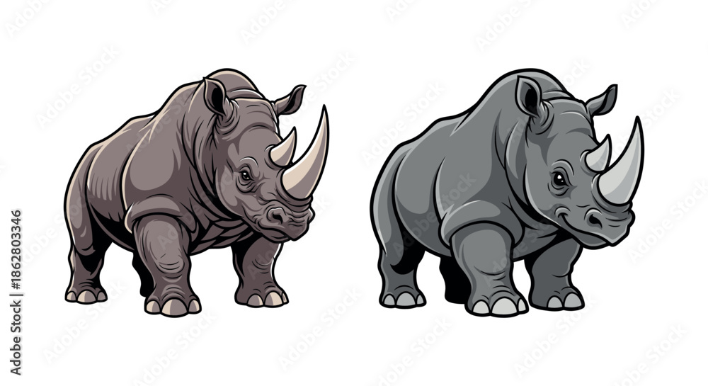 Fototapeta premium Illustration of two rhinos standing side by side in a white background