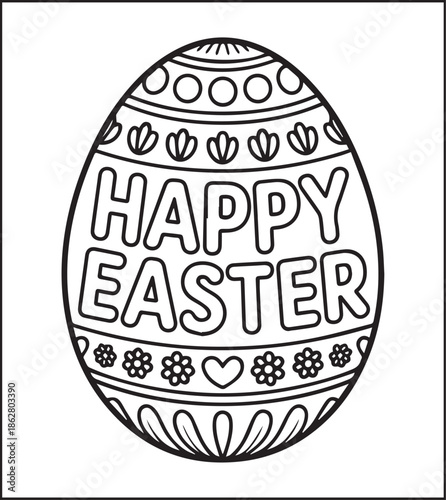 Easter egg with beautiful ornamental decorated black line art vector illustration, Happy easter day coloring page for kids and adults