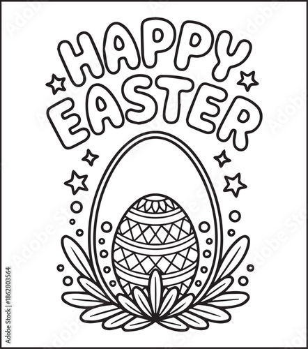 Easter egg with beautiful ornamental decorated black line art vector illustration, Happy easter day coloring page for kids and adults