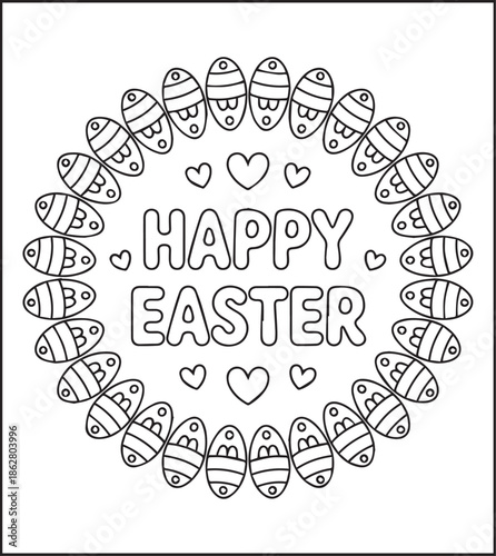 Easter egg with beautiful ornamental decorated black line art vector illustration, Happy easter day coloring page for kids and adults