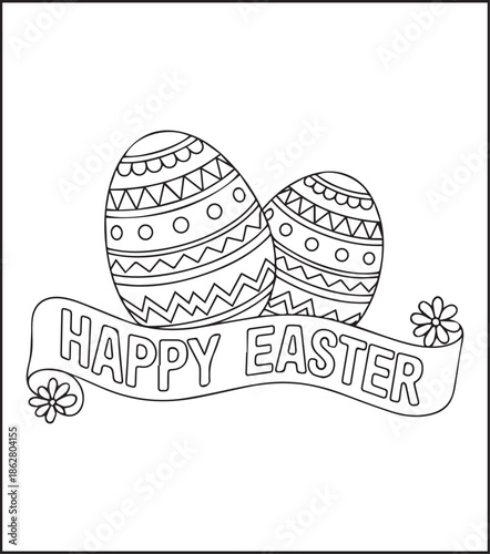 Easter egg with beautiful ornamental decorated black line art vector illustration, Happy easter day coloring page for kids and adults