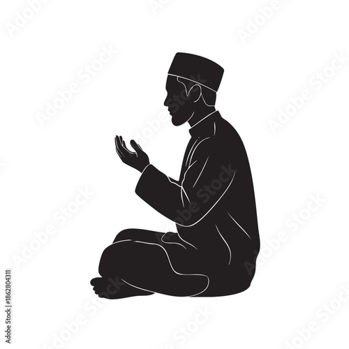 Silhouette of a man in prayer wearing a kufi cap and traditional clothing praying worship