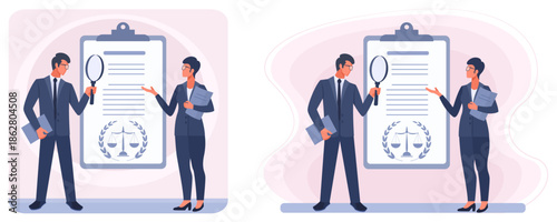 Commercial lawyers examine a contract under a magnifying glass. Conceptual concepts: legal advice and services, compliance, justice, commercial and corporate law, teamwork, flat vector illustration.