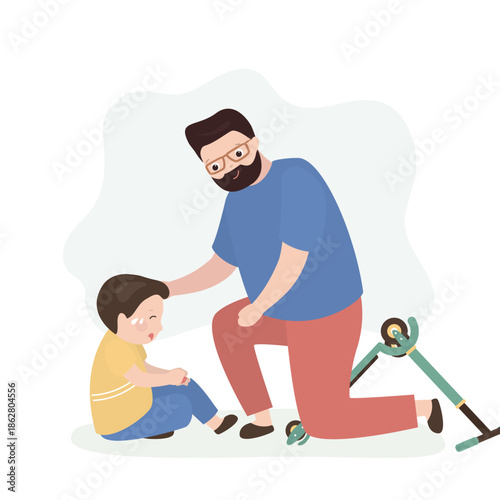 Father offering solace to tearful little kid. Empathy, dad comforting crying son. Little boy falling off skateboard. Kid have mistake and loss control of kick scooter,