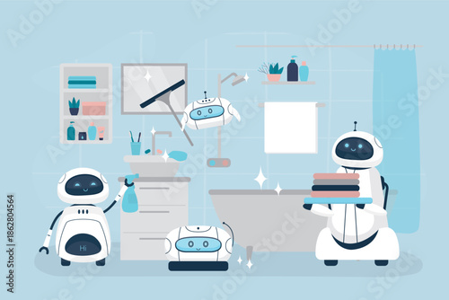 Robot assistants work at home. Automated helpers cleaning bathroom. Smart ai machines or appliance for people. Bathroom or restroom interior with furniture.