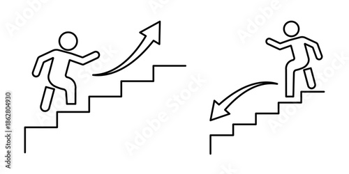 Upward and Downward Movement Icons with Person on Stairs and Directional Arrows