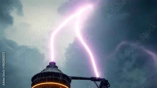 Lightning strike hitting industrial power tower during severe storm with dramatic sky, high voltage energy discharge and extreme weather conditions