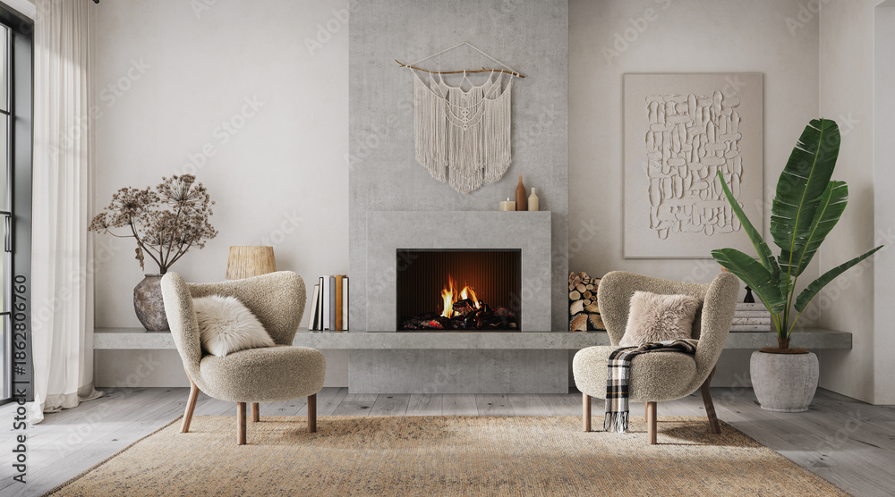 Fototapeta premium Modern wabi-sabi interior design with fireplace, atural light and boucle furniture, 3d render