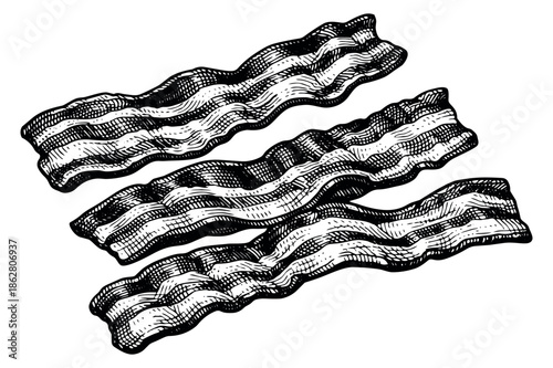 Hand drawn line art breakfast set featuring cooked bacon strips for a restaurant menu