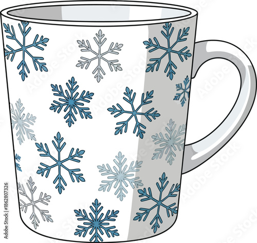 Ceramic Coffee Mug with Blue Snowflake Pattern Illustration