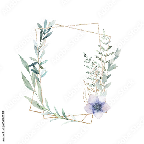 Watercolor wedding vintage wreath with eucalyptus branches. Hand drawn floral  illustration on white background.