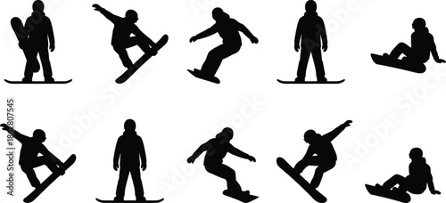 Snowboarder silhouettes performing tricks and jumps, black vector illustration set of winter sports action poses, extreme outdoor activity, alpine adventure, and snowboarding motion concepts