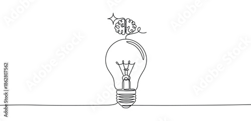 One line drawing of a light bulb with a brain top symbolizing idea generation and innovation