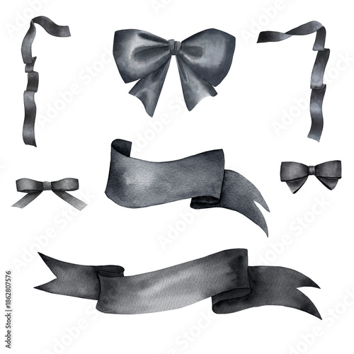 Watercolor black  bow set.  Hand drawn isolated illustration on white background.