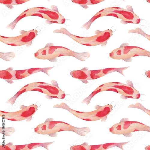 Watercolor seamless pattern with koi fish. Hand drawn illustration on white background
