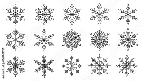 Set of unique black snowflakes on white background for winter designs