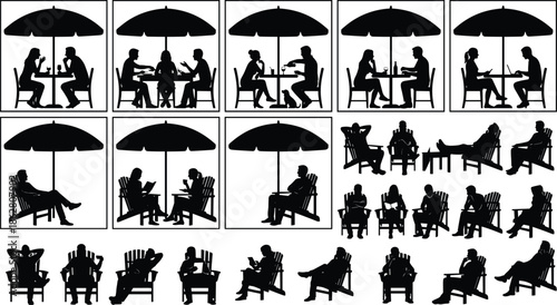 People silhouettes sitting in outdoor cafe and restaurant scenes, black vector illustration set showing social interaction, leisure lifestyle, chairs, tables, and umbrellas