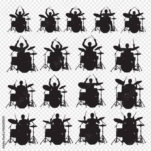 drummer silhouettes playing drums in various positions