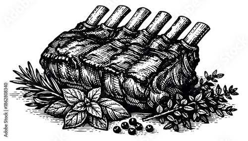 Hand drawn line art illustration of meat ribs depicting gourmet preparation with herbs and spices for a restaurant menu