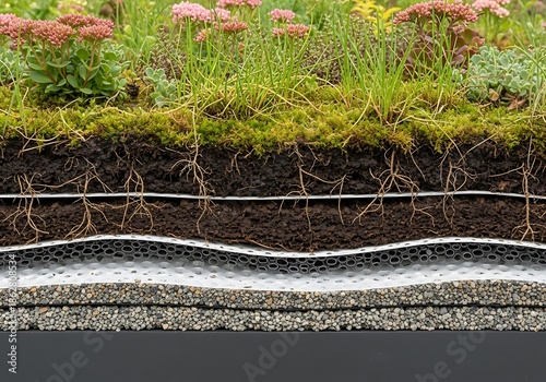 Cross section illustrates the various layers comprising a thriving vegetated roof system