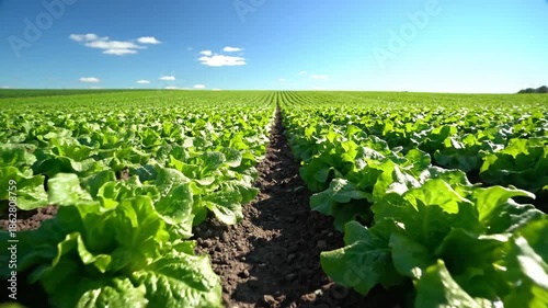 Vast green lettuce field under a clear blue sky with white clouds.