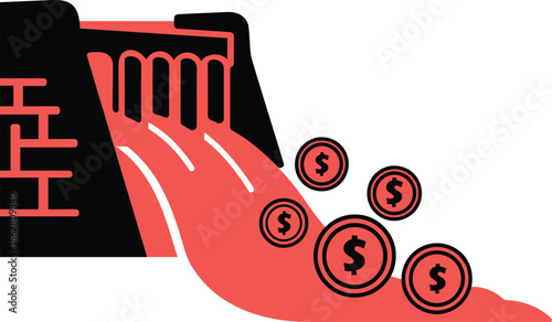 Economic Outflow Creative Vector Illustration of Money Released from a Dam