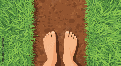 Top view of a person standing barefoot on a brown dirt path between two patches of vibrant green grass.