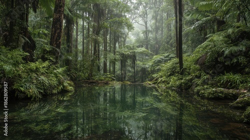Tropical rainforest after rainfall with a tranquil water mirror and lush emerald canopy
