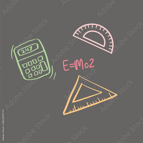 A colorful illustration of mathematical tools and equations on a gray background