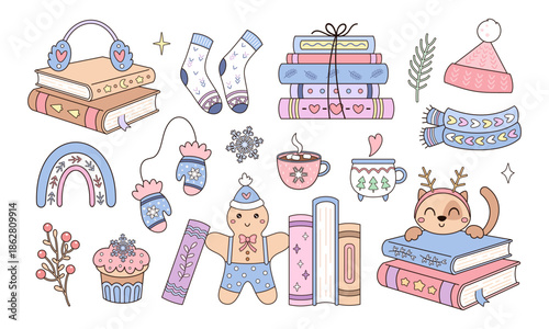 Winter books clipart set, Trendy Christmas bookish aesthetic, Book lover stickers, Cozy reading, Bookstore Holiday Graphic, Seasonal vector illustration.