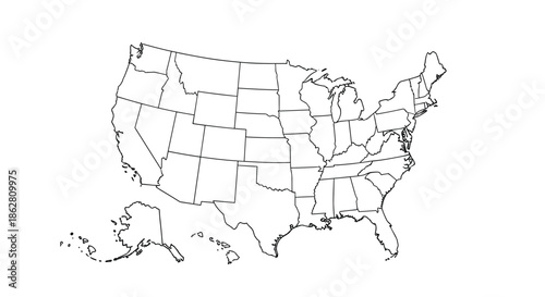 Outline map of the United States of America showing individual state borders including Alaska and Hawaii on a white background.