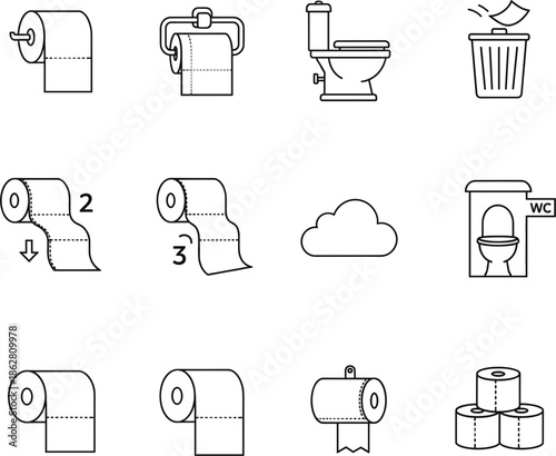 Bathroom hygiene line icons set featuring toilet paper rolls, dispensers, toilet bowl, trash bin, and sanitary restroom symbols.