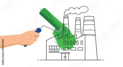 Human hand using a paint roller with bright green paint to cover a line drawing of an industrial factory with smoke stacks.