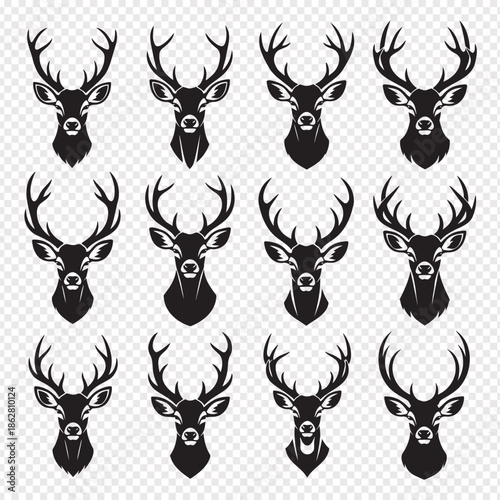 black silhouettes of deer heads with antlers isolated on transparent background