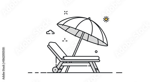 Illustration of a comfortable beach lounge chair under a large umbrella representing summer vacation and rest.