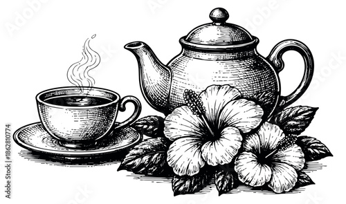 Hand drawn tea and floral set featuring a steaming cup, teapot, and hibiscus flowers for a tropical beverage theme